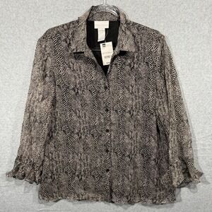 Worthington Snakeskin Print Blouse Button‎ Down Ruffle Cuff Top XL